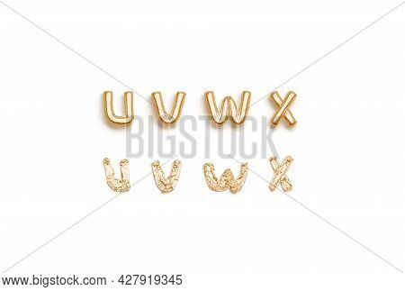 Inflated, Deflated Gold U V W X Letters, Balloon Font, 3d Rendering. Helium Matte And Glossy Alphabe