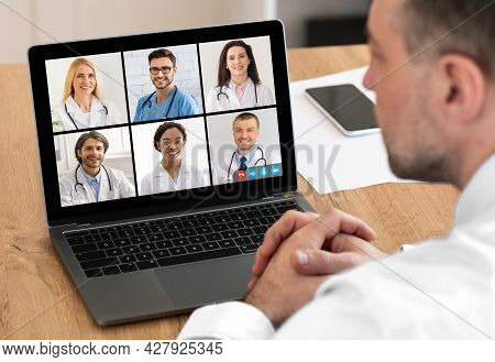 Doctor Sitting At Laptop During Medical Video Conference Indoor, Collage