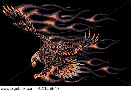 Flaming Eagle On Black Background Vector Illustration