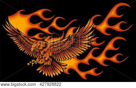 Vector Illustration Of Eagle With Flames On Black Background