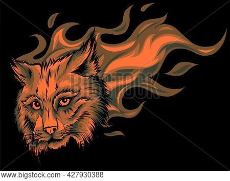Vector Eurasian Lynx Cat Head With Flames.