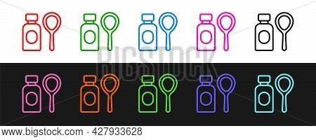 Set Line Soap Bubbles Bottle Icon Isolated On Black And White Background. Blowing Bubbles Soap Wand 