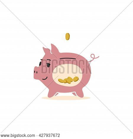 Cute Pink Piggy Bank With Coins Inside. The Concept Of Saving Money. Isolated Flat Vector Illustrati
