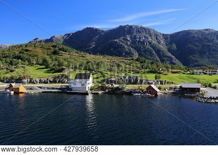 Norway Fiord Landscape. Froysjoen Fiord In Rugsund Municipality Of Vestland County.