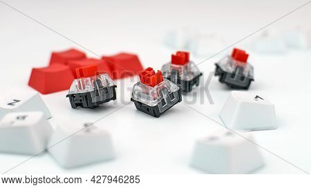 Mechanical Keyboard Switches. Red Switches Of The Gaming Mechanical Keyboard, Selective Focus.