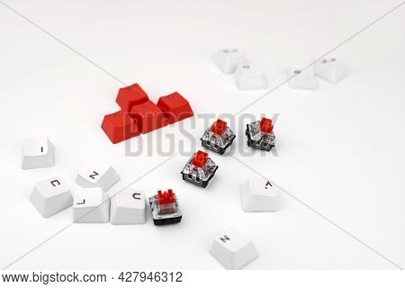 Mechanical Keyboard Switch On A White Background. Wasd Keyboard Buttons. Concept Of Computer Games, 