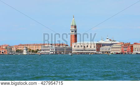 Enchanting View Of The Island Of Venice  In Itay From The Sea With The Bell Tower Of San Marco And T