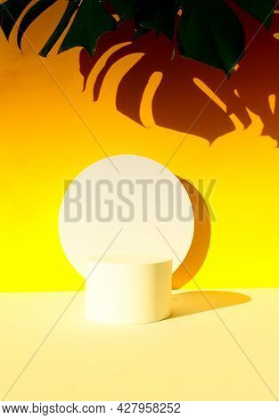 Minimal Modern Product Display Podium On Textured Gray And Illuminating Yellow Background With Moste