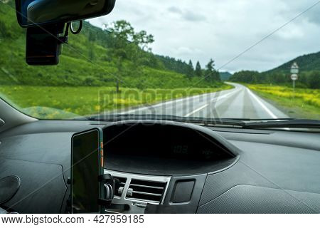 Man Drive Car. Mountain Road View. Responsible Travel Vacation. Staycation Concept. Roadtrip Weekend