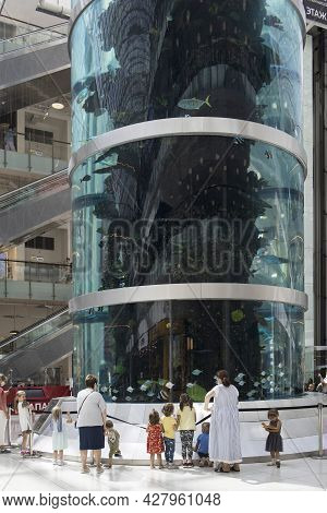 Moscow, Russia - July 2021, Tallest Cylindrical Aquarium In The World In Shopping Center Aviapark Is