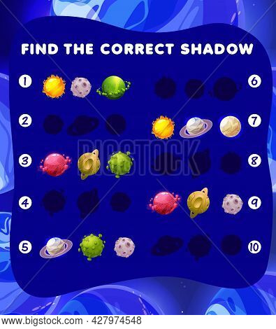 Cartoon Space Planets Shadow Matching Game. Vector Kids Riddle Find Correct Silhouette. Logic Test F