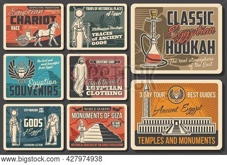 Egyptian Culture, Travel Landmarks Posters, Egypt History Vector Banners. Egyptian Chariot, Hathor G