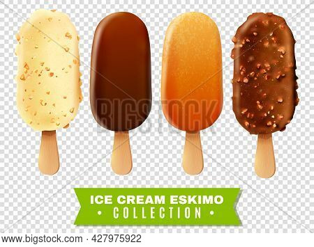 Ice Cream Collection Of Eskimo Pie With White Dark And Milc Varieties Of Chocolate Glaze At Transpar