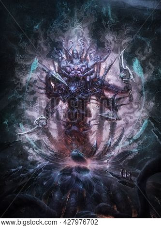 Digital Illustration Of Sacrifice Ceremony For Fantasy God Of Tibetan Buddhism