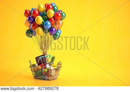 Shopping basket full of food with balloons. Grocery stor opening and food delivery concept. 3d illustration