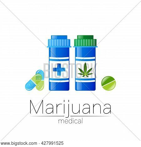 Medical Cannabis Symbol In Vector. Logotype For Marijuana, Nature Herbal Medicine, Therapy, Doctors 