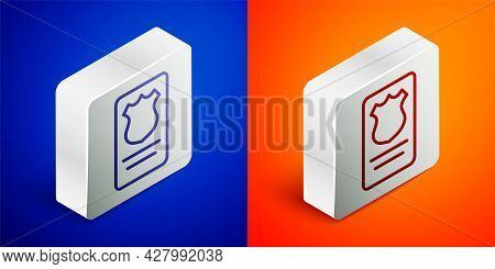 Isometric Line Police Badge With Id Case Icon Isolated On Blue And Orange Background. Silver Square 