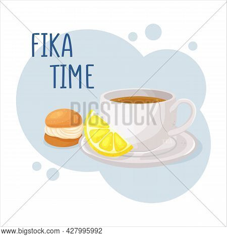 Cup Of Coffee Or Tea And Semla Swedish Whipped Cream Bun. Coffee Break Fika Concept. Isolated Hand D