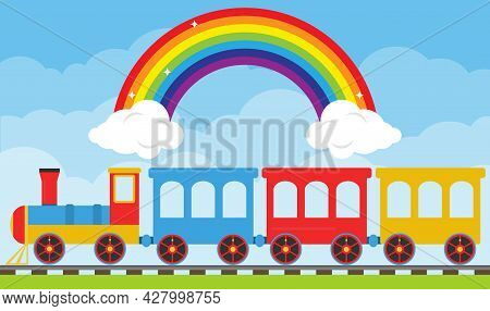 Children's Toy Train With Carriages Against The Blue Sky. Toy Railroad With Train. Vector, Cartoon I