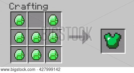 Pixel Menu Crafting. Craft Emerald Armor. Eight Bit Slab On A Gray Background. Pixel Game Window For