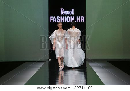 ZAGREB, CROATIA - OCTOBER 19: Fashion model wearing clothes designed by Branka Donassy on the 'Fashion.hr' show on October 19, 2013 in Zagreb, Croatia.