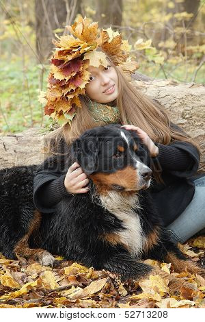 Girl With Dog Sitting