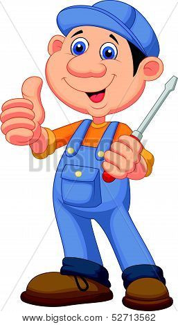 Cute mechanic cartoon holding a screwdriver and giving thumbs up