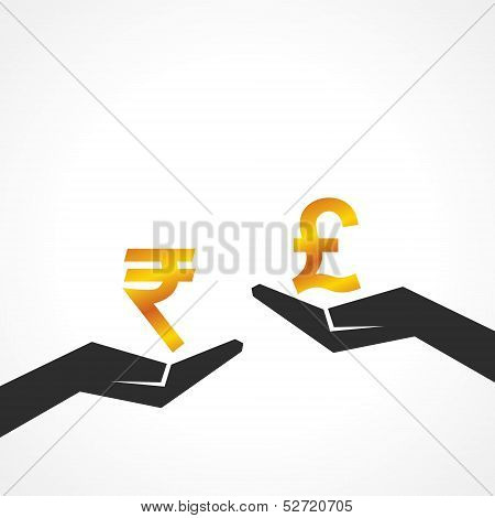 Hand hold rupee and pound symbol to compare their value stock vector