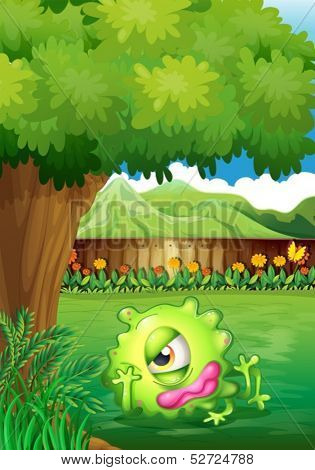 Illustration of a yard with a monster resting under the tree