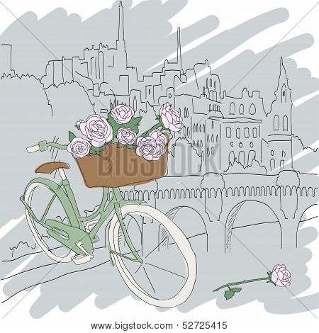 Beautiful card with pretty bicycle and roses