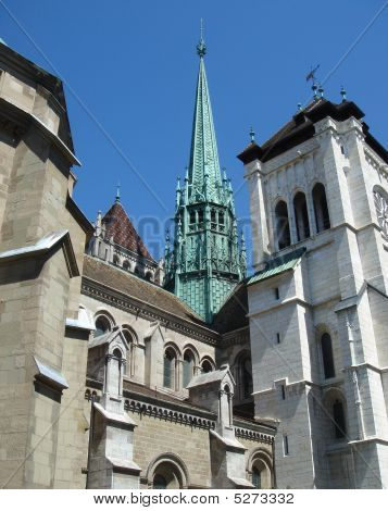Green bell-tower of cathedral Saint-Pierre