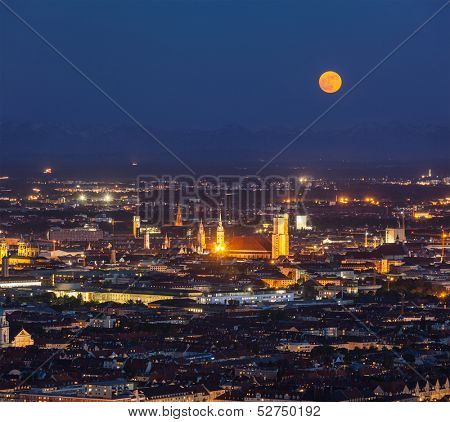 Night aerial view of Munich from Olympiaturm (Olympic Tower). Munich, Bavaria, Germany