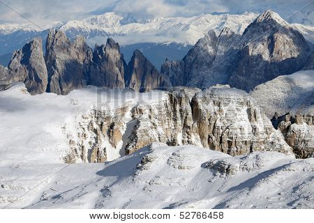Peaks of the Odle-Geisler group in the South Tyrol, Italy, seen from Piz Boe - winter conditions