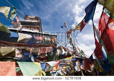 Praying flags at Buddhist monastery. India