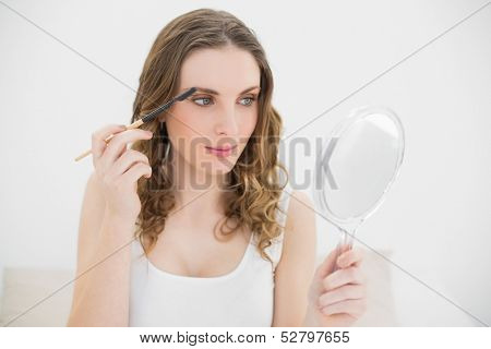 Pretty woman using an eyebrow pen while looking into a mirror 