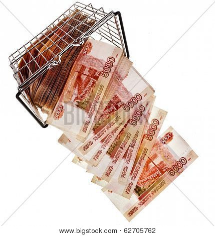 One Million Russian  Banknotes Rubles falling from shopping basket cart - isolated on white background