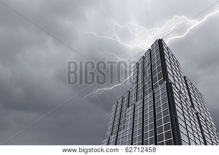 Bottom image of skyscraper with thunder lightning in sky