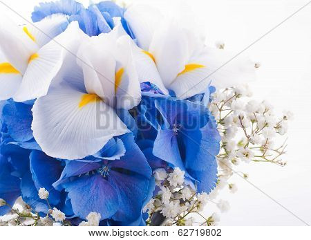 Flowers in a bouquet, blue hydrangeas and white flowers
