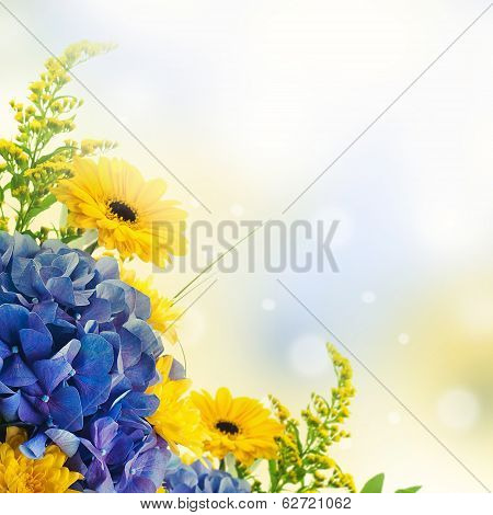 Bouquet from blue hydrangeas and yellow asters, a flower background