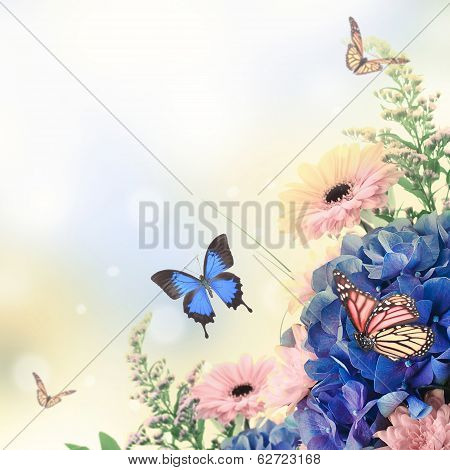 Bouquet from blue hydrangeas and  butterfly, a flower background