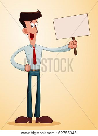 smiling businessman carrying a talkingboard