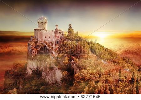 Artistic View Of San Marino Tower: The Cesta Or Fratta At Sunset