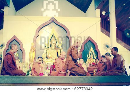 Phangnga,thailand February 08 : Newly Ordained Buddhist Monk Pray With Priest Procession .newly Orda