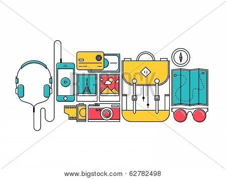 Traveler Items For City Trip Flat Line Concept