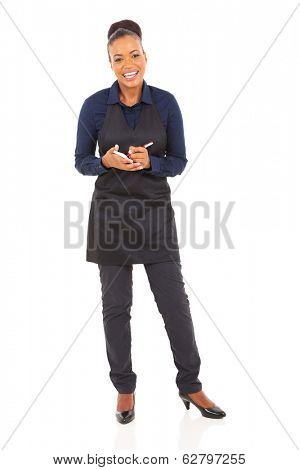 pretty african waitress taking order isolated on white background