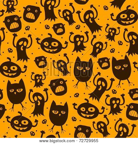 Pattern seamless texture with silhouette of a cat, pumpkin, ghost, owl, spider, skull