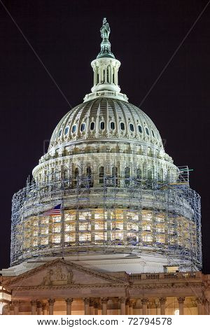 Us Capitol North Side Dome Construction Close Up Flag Night Stars Washington Dc