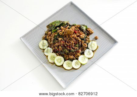 Thai Spicy Food Basil Meat Fried Recipe (krapao Mooi) On Square Plate Isolate On White Background