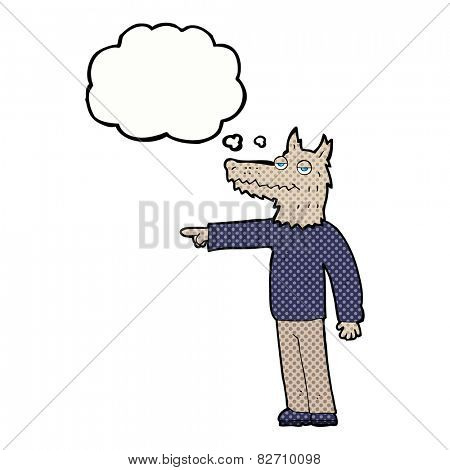 cartoon wolf man pointing with thought bubble