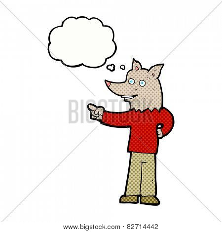 cartoon wolf man pointing with thought bubble